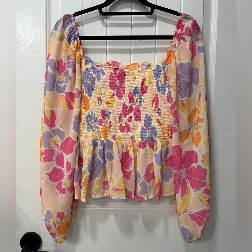Pink Lily Floral Smocked Women's Long Sleeve Top